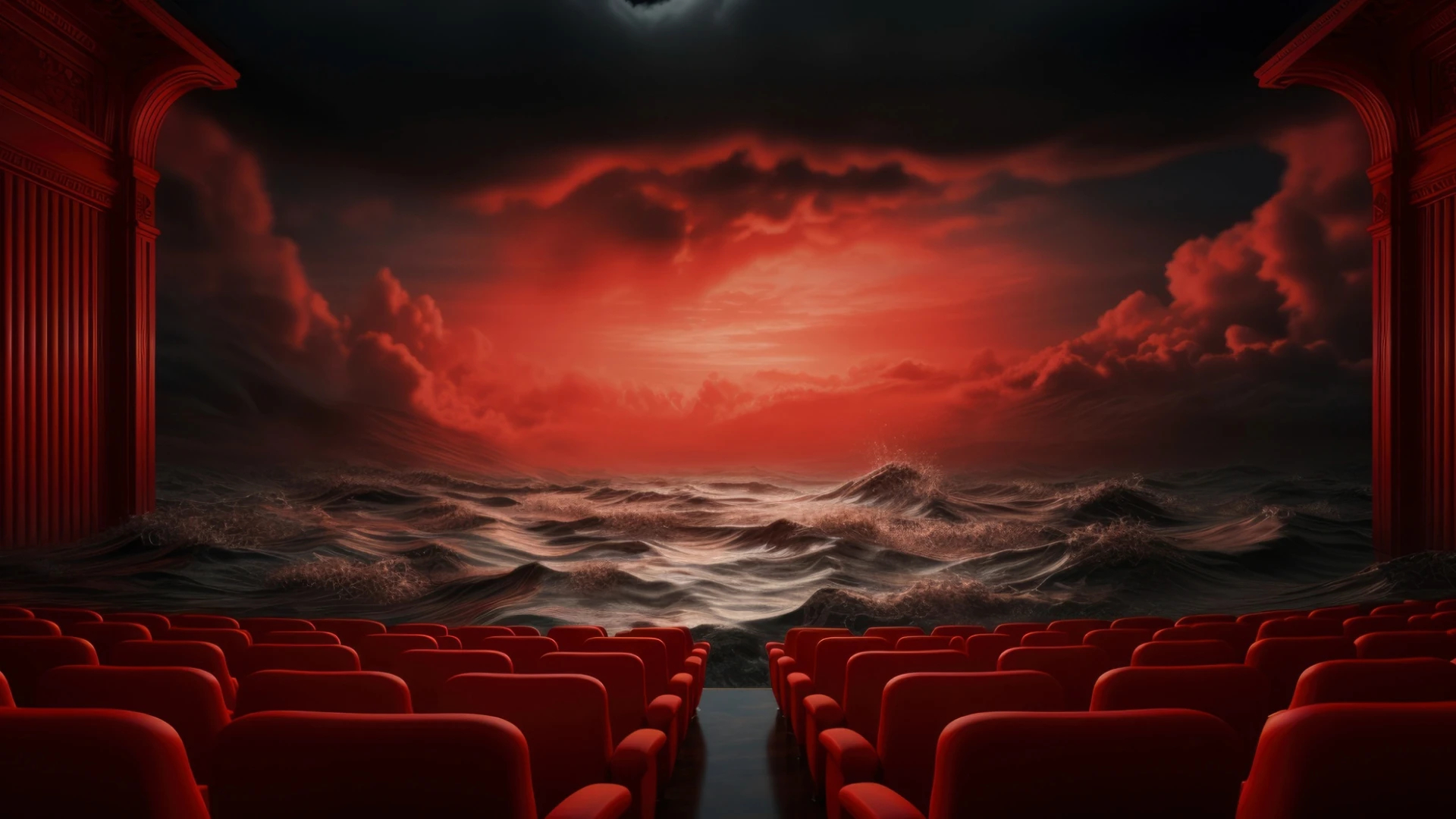 Cinema hall facing stormy ocean scene with dramatic clouds - Keep it Short